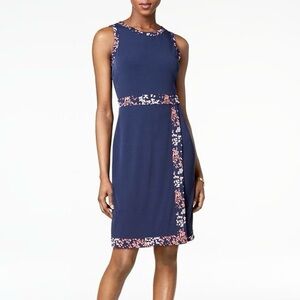 Michael Kors Border Print Faux Wrap Dress Navy Blue and Pink Floral Jersey Knit